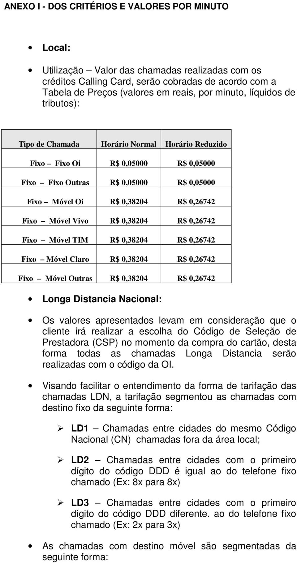 Vivo R$ 0,38204 R$ 0,26742 Fixo Móvel TIM R$ 0,38204 R$ 0,26742 Fixo Móvel Claro R$ 0,38204 R$ 0,26742 Fixo Móvel Outras R$ 0,38204 R$ 0,26742 Longa Distancia Nacional: Os valores apresentados levam