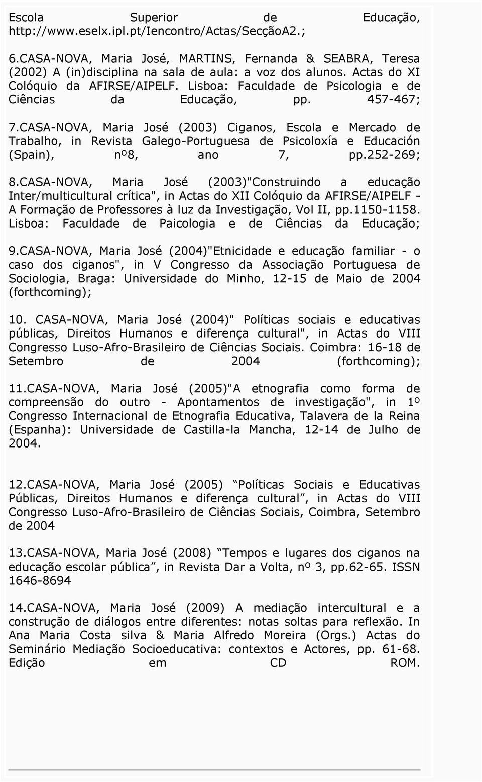 CASA-NOVA, Maria José (2003) Ciganos, Escola e Mercado de Trabalho, in Revista Galego-Portuguesa de Psicoloxía e Educación (Spain), nº8, ano 7, pp.252-269; 8.