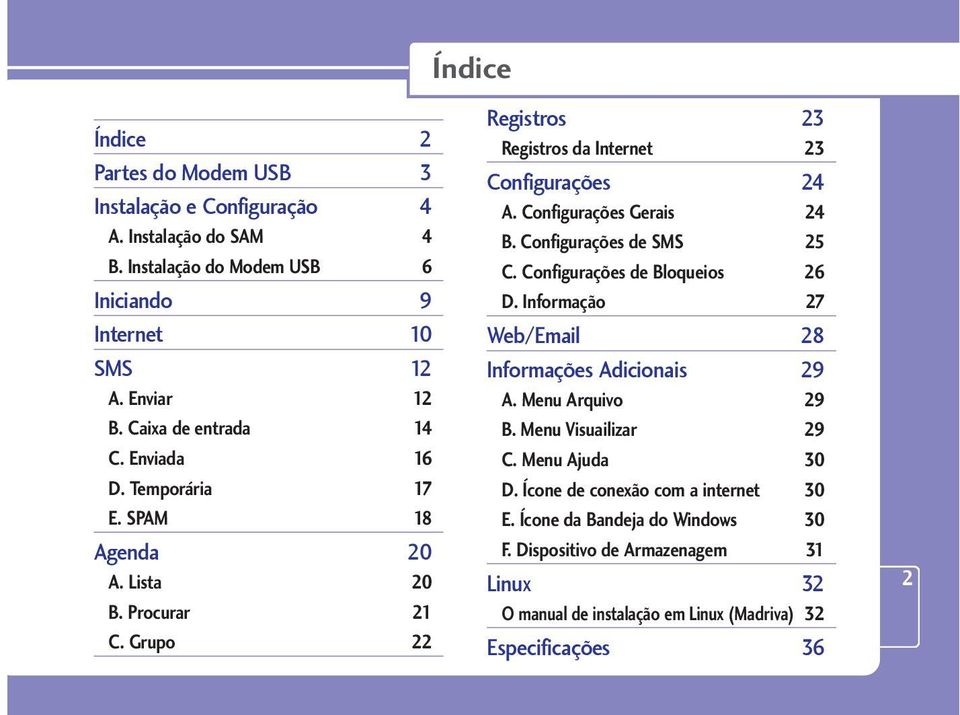 Configurações Gerais 24 B. Configurações de SMS 25 C. Configurações de Bloqueios 26 D. Informação 27 Web/Email 28 Informações Adicionais 29 A. Menu Arquivo 29 B.