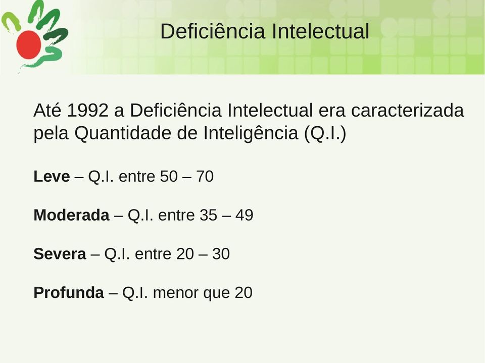 Inteligência (Q.I.) Leve Q.I. entre 50 70 Moderada Q.