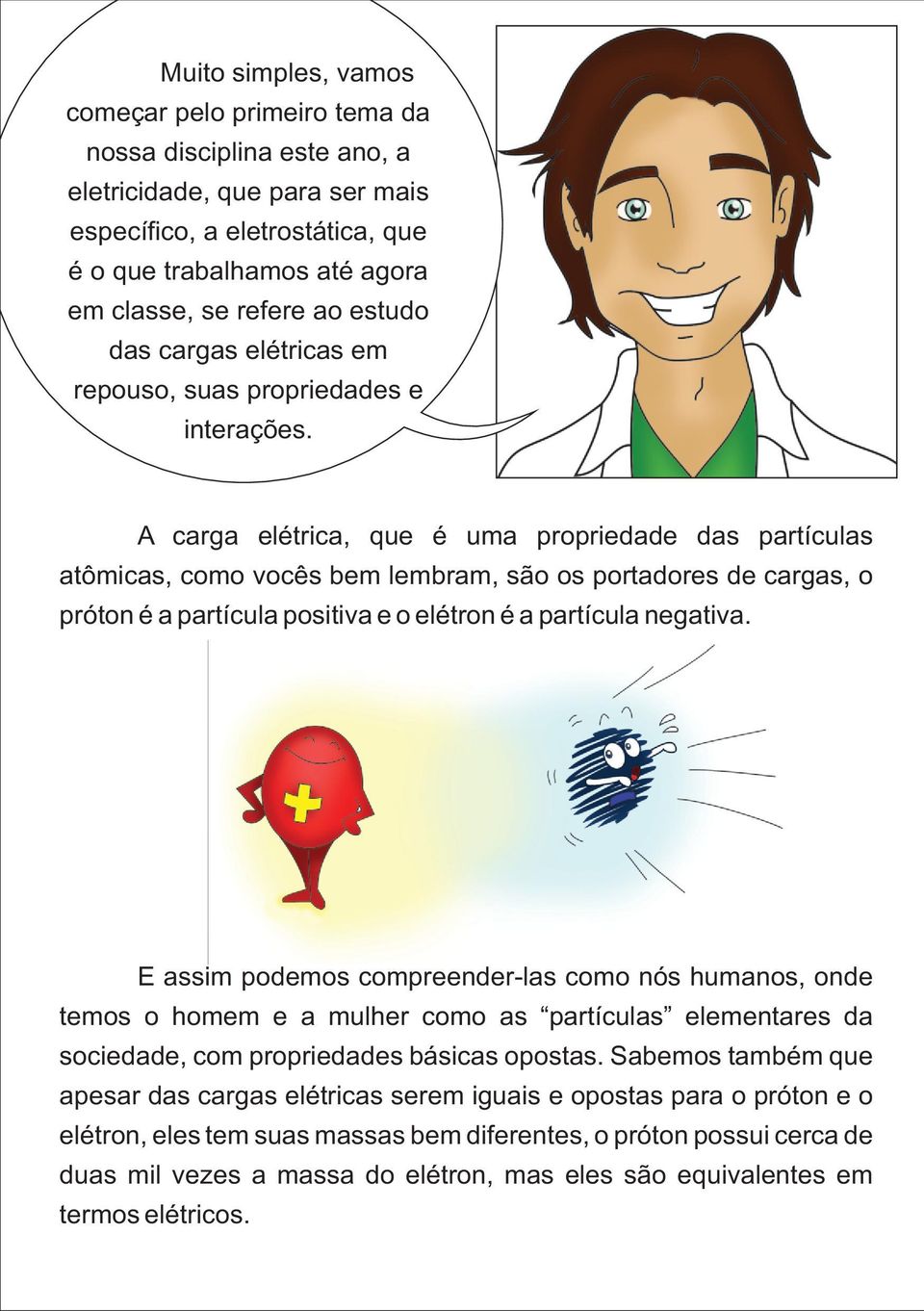 A carga elétrica, que é uma propriedade das partículas atômicas, como vocês bem lembram, são os portadores de cargas, o próton é a partícula positiva e o elétron é a partícula negativa.