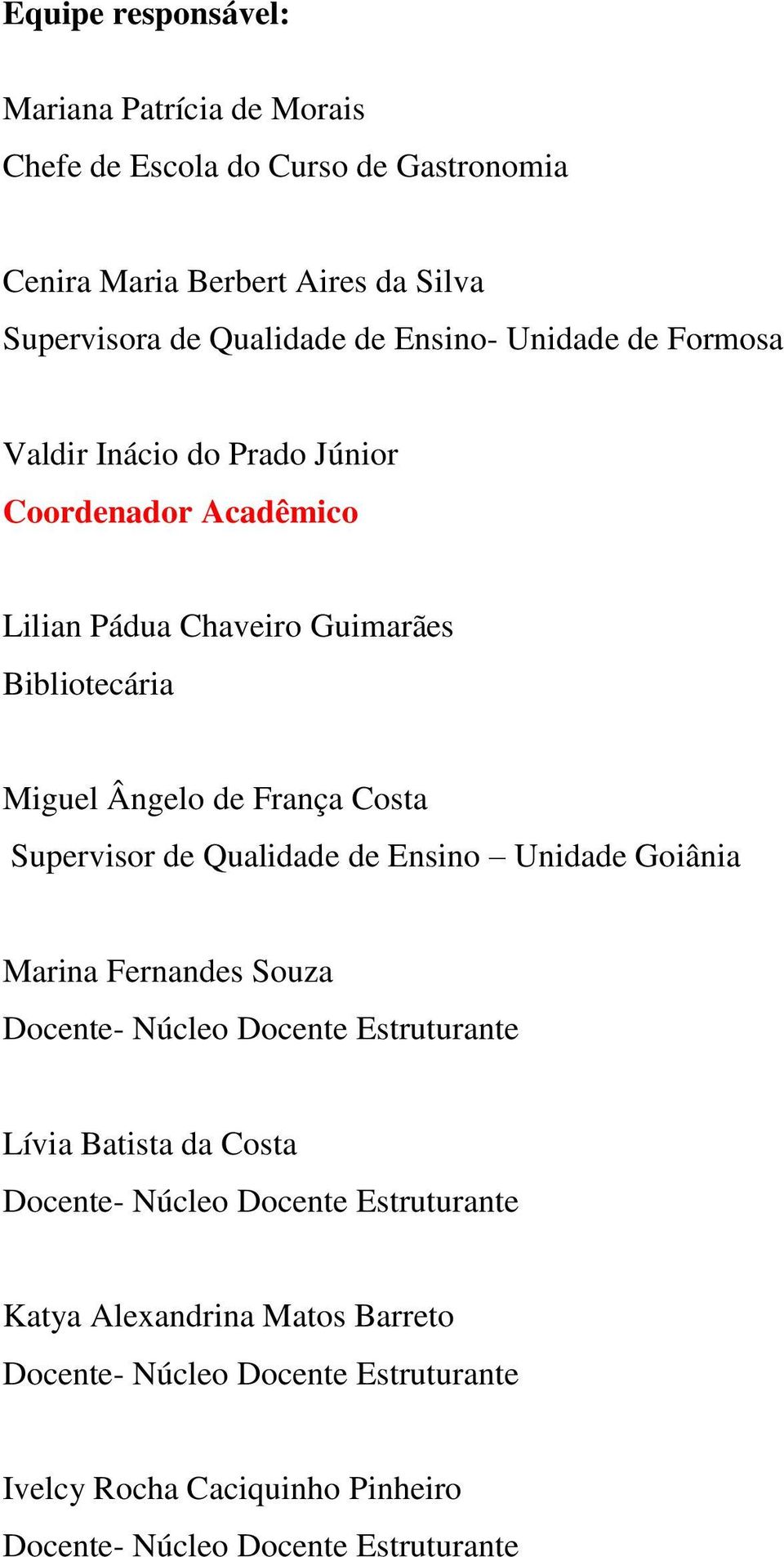 Costa Supervisor de Qualidade de Ensino Unidade Goiânia Marina Fernandes Souza Docente- Núcleo Docente Estruturante Lívia Batista da Costa Docente-