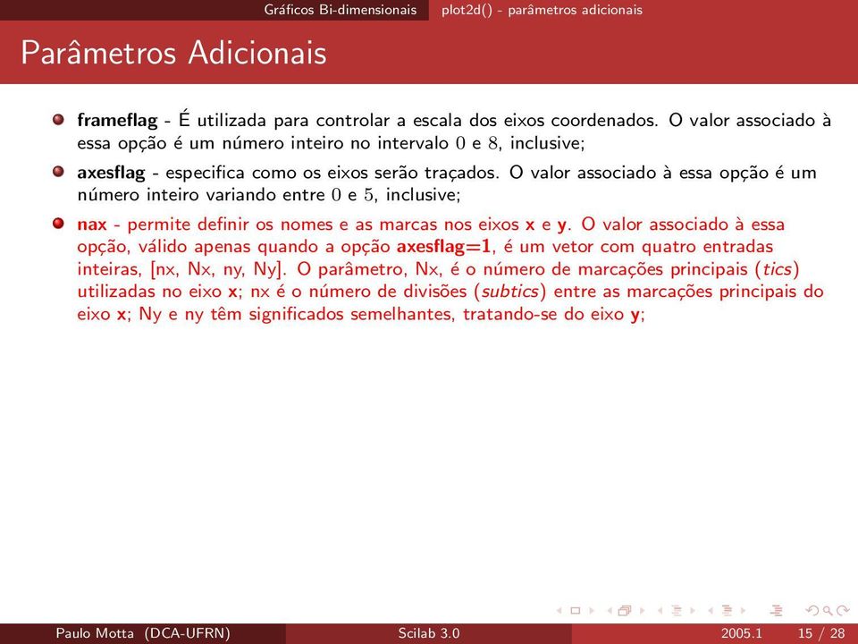 O valor associado à essa opção é um número inteiro variando entre 0 e 5, inclusive; nax - permite definir os nomes e as marcas nos eixos x e y.