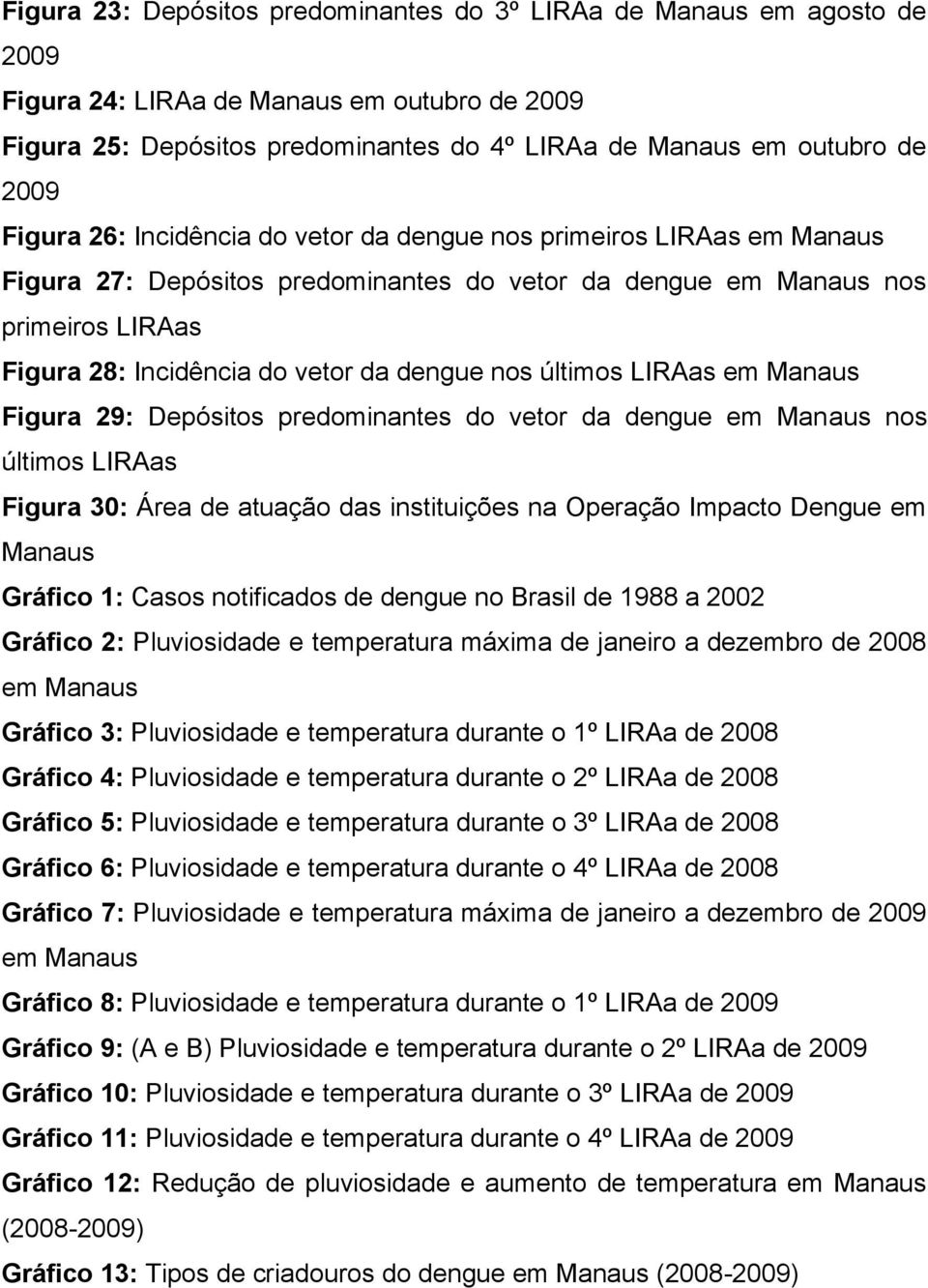 nos últimos LIRAas em Manaus Figura 29: Depósitos predominantes do vetor da dengue em Manaus nos últimos LIRAas Figura 30: Área de atuação das instituições na Operação Impacto Dengue em Manaus