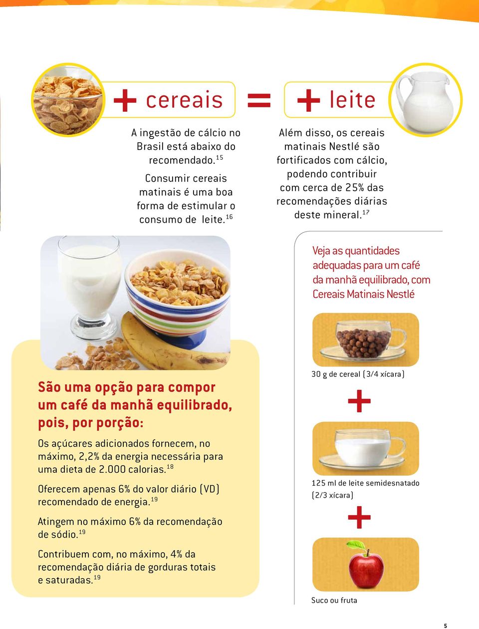 17 Veja as quantidades adequadas para um café da manhã equilibrado, com Cereais Matinais Nestlé São uma opção para compor um café da manhã equilibrado, pois, por porção: Os açúcares adicionados