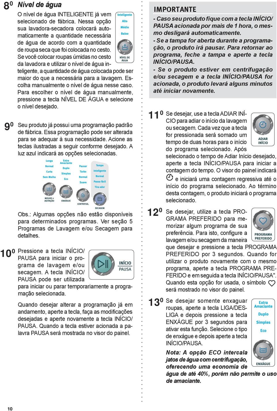 Se você colocar roupas úmidas no cesto da lavadora e utilizar o nível de água inteligente, a quantidade de água colocada pode ser maior do que a necessária para a lavagem.