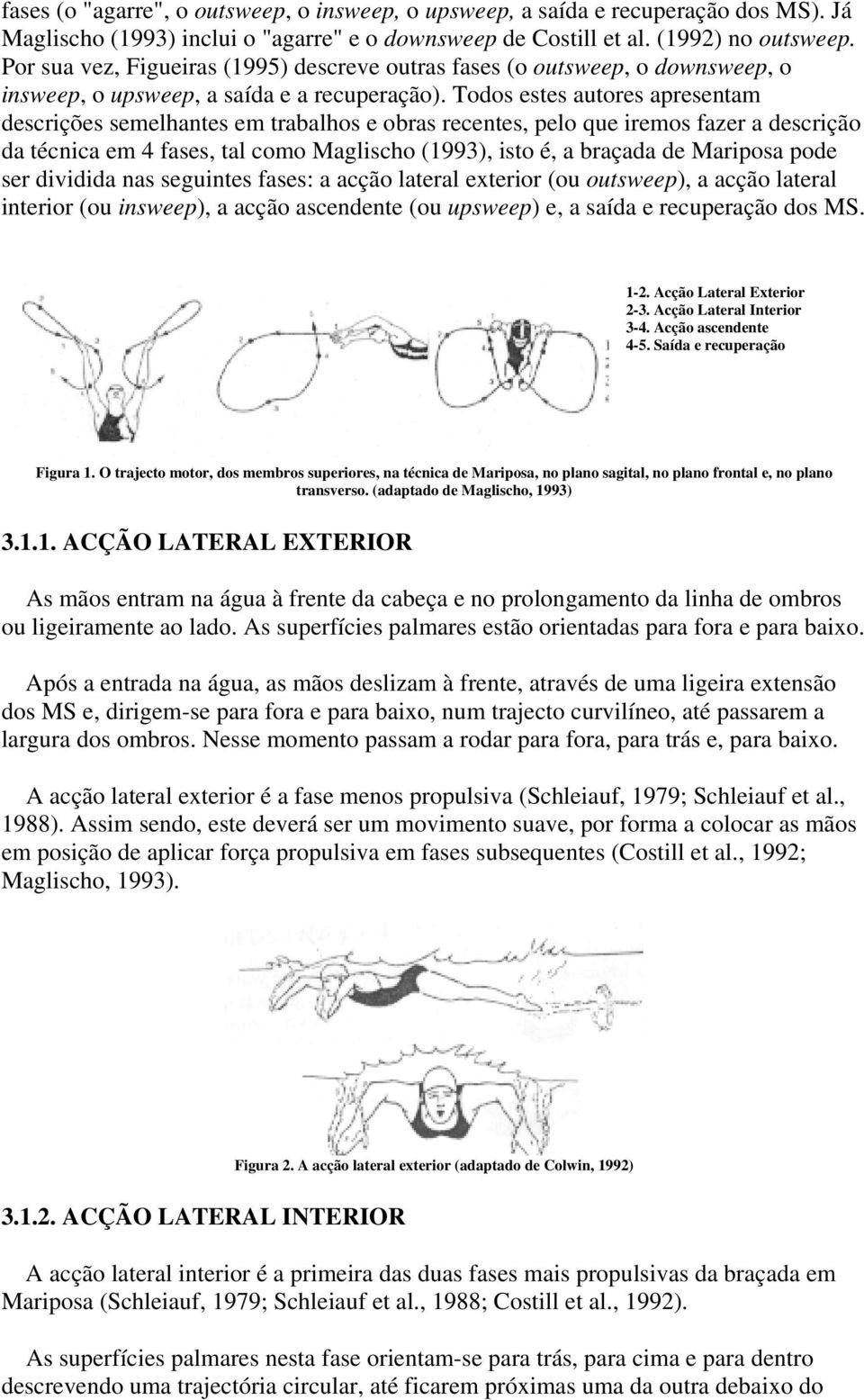 Todos estes autores apresentam descrições semelhantes em trabalhos e obras recentes, pelo que iremos fazer a descrição da técnica em 4 fases, tal como Maglischo (1993), isto é, a braçada de Mariposa