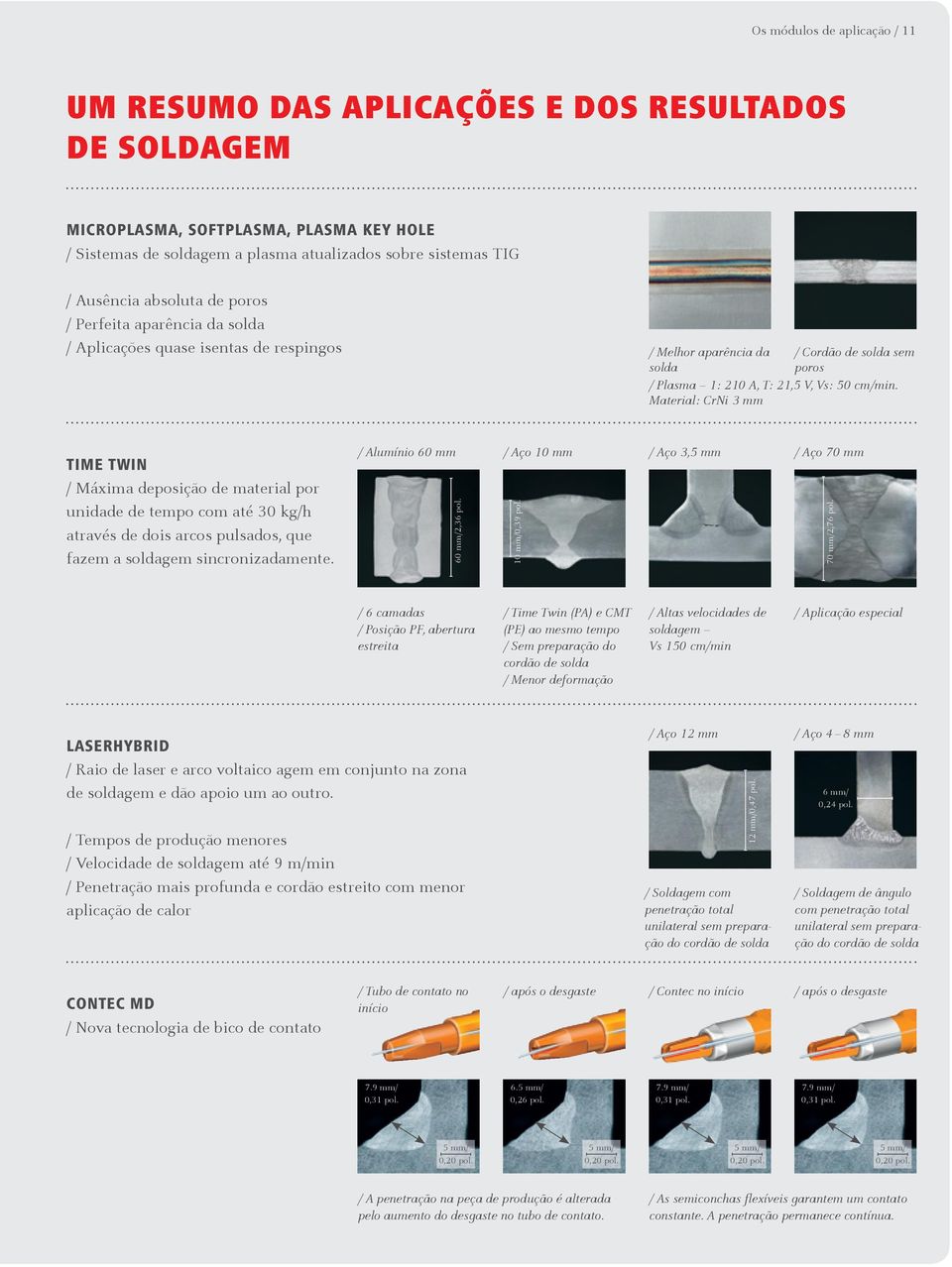 Material: CrNi 3 mm TIME TWIN / Máxima deposição de material por unidade de tempo com até 30 kg/h através de dois arcos pulsados, que fazem a soldagem sincronizadamente.