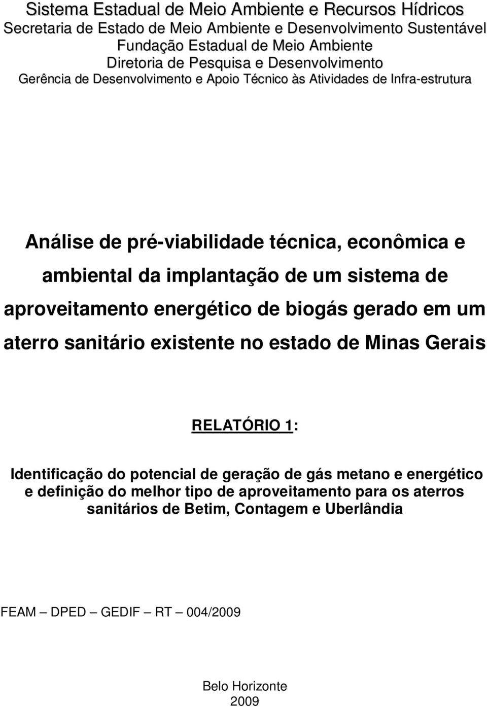 implantação de um sistema de aproveitamento energético de biogás gerado em um aterro sanitário existente no estado de Minas Gerais RELATÓRIO 1: Identificação do potencial de