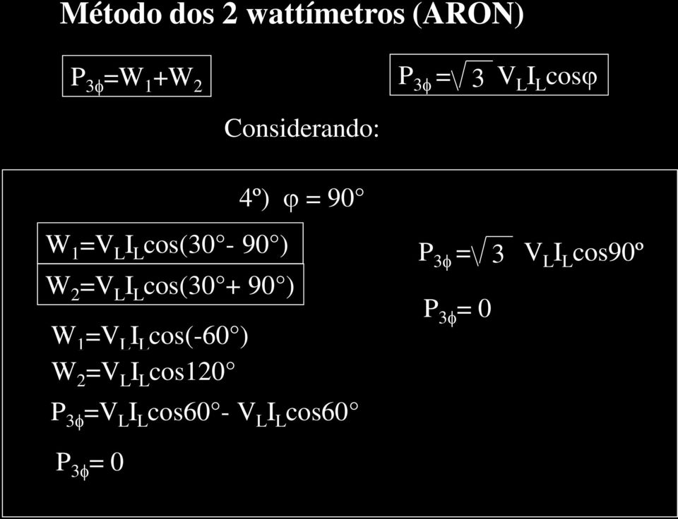 90 ) W 1 =V L I L cos(-60 ) W 2 =V L I L cos120 4º) j = 90 P f