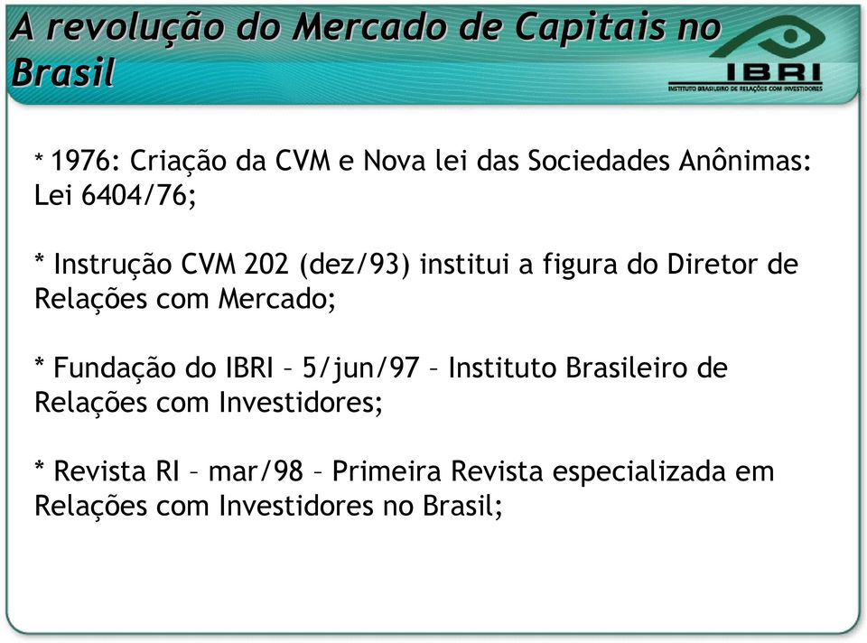de Relações com Mercado; * Fundação do IBRI 5/jun/97 Instituto Brasileiro de Relações com