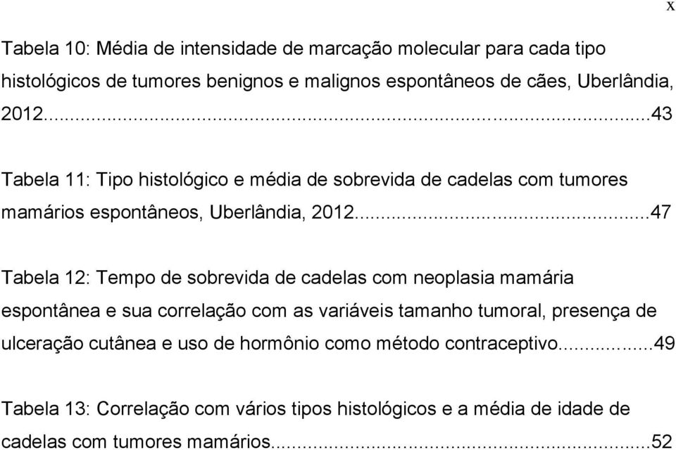 ..47 Tabela 12: Tempo de sobrevida de cadelas com neoplasia mamária espontânea e sua correlação com as variáveis tamanho tumoral, presença de