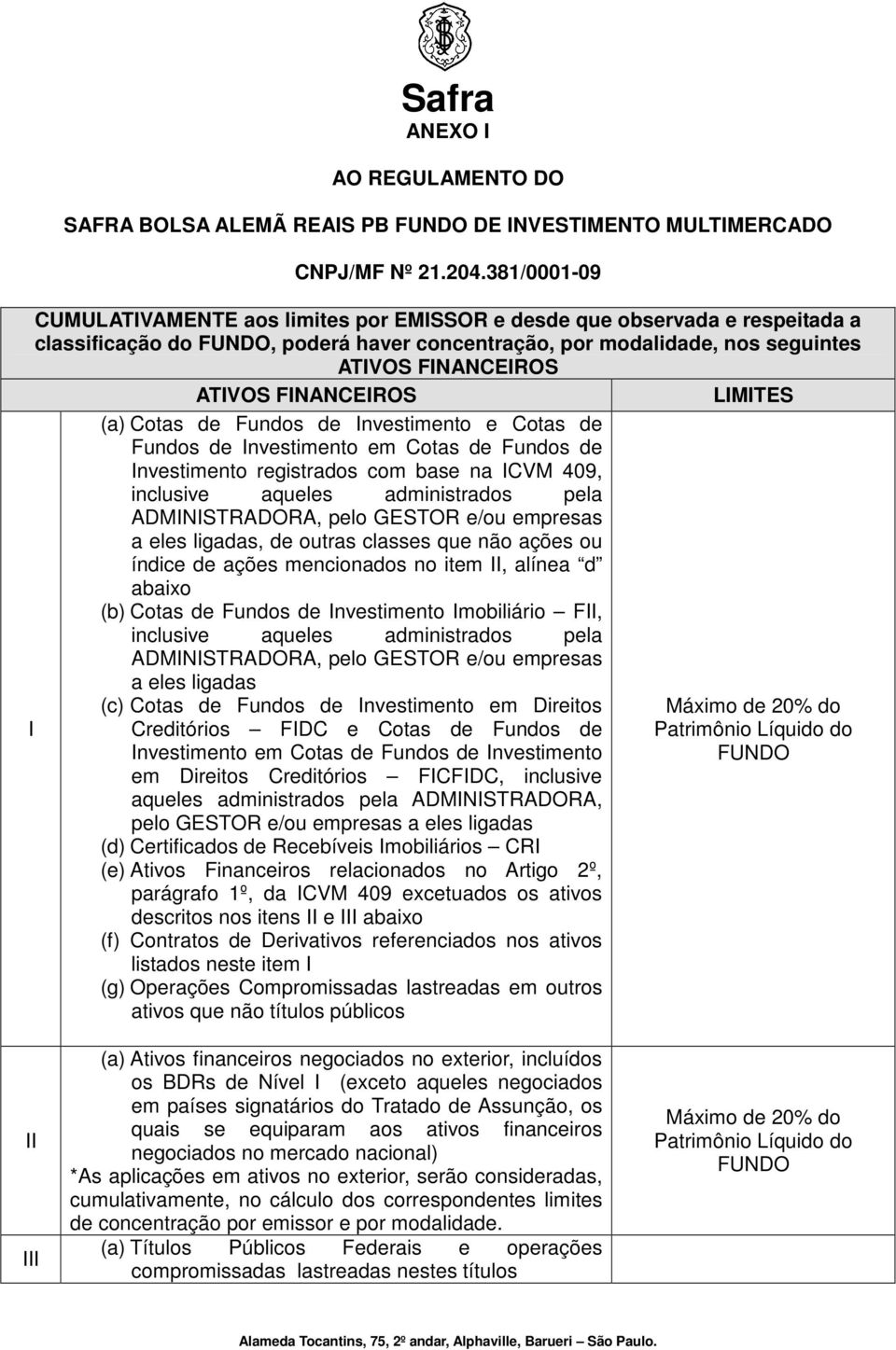 FINANCEIROS LIMITES I (a) Cotas de Fundos de Investimento e Cotas de Fundos de Investimento em Cotas de Fundos de Investimento registrados com base na ICVM 409, inclusive aqueles administrados pela