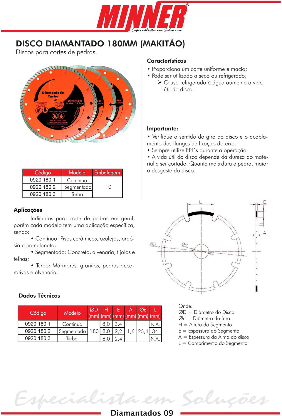 0920 180 1 0920 180 2 0920 180 3 Modelo Embalagem Contínuo Segmentado 10 Turbo Importante: Verifique o sentido do giro do disco e o acoplamento das flanges de fixação do eixo.