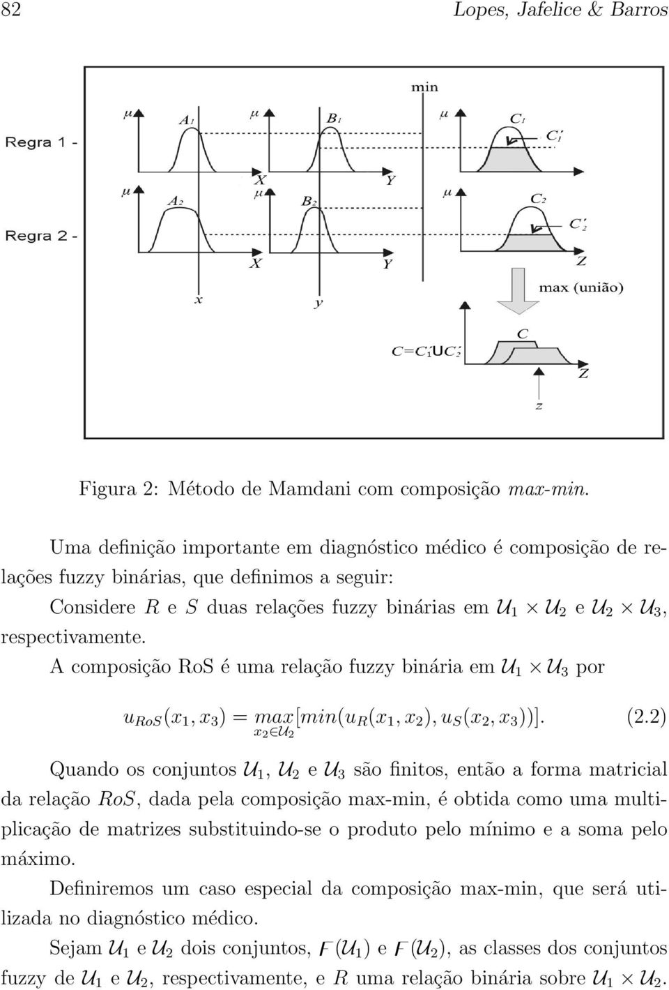 A composição RoS é uma relação fuzzy binária em U 1 U 3 por u RoS (x 1, x 3 ) = max x 2 U 2 [min(u R (x 1, x 2 ), u S (x 2, x 3 ))]. (2.