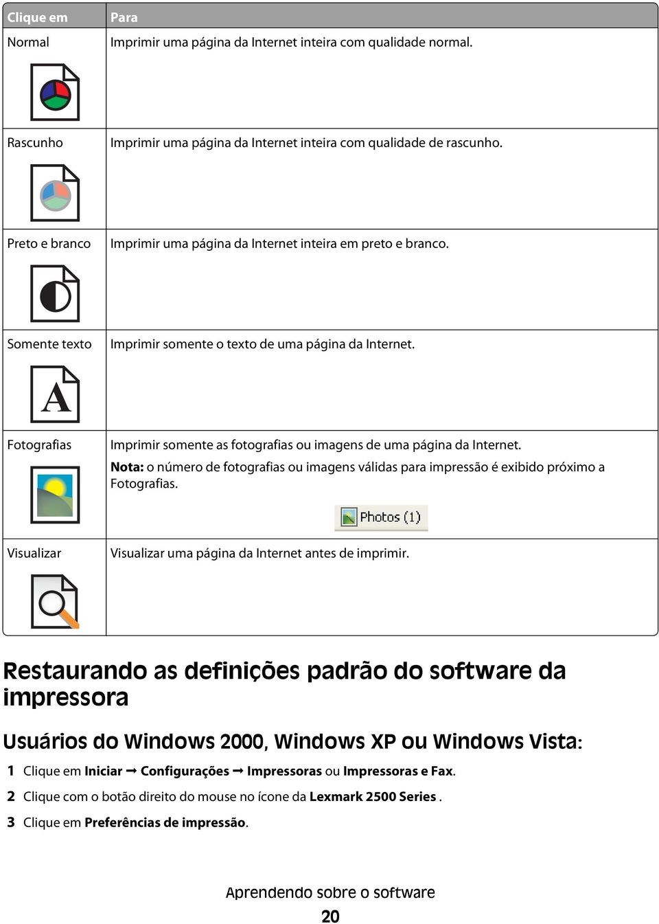 A Fotografias Imprimir somente as fotografias ou imagens de uma página da Internet. Nota: o número de fotografias ou imagens válidas para impressão é exibido próximo a Fotografias.