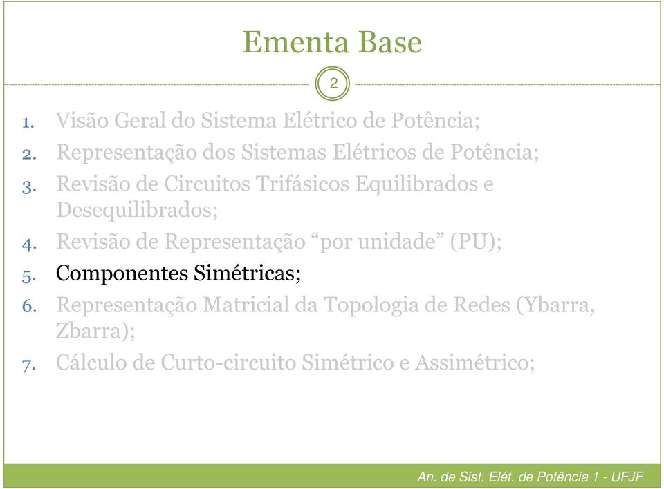 Revisão de Representação por unidade (PU); 5. omponentes Simétricas; Ementa ase 6.