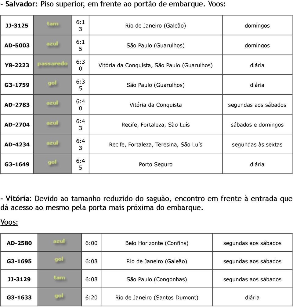 Luís e domingos AD-44 Recife, Fortaleza, Teresina, São Luís G-49 - Vitória: Devido ao tamanho reduzido do saguão,