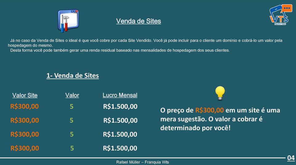 Desta forma você pode também gerar uma renda residual baseado nas mensalidades de hospedagem dos seus clientes.