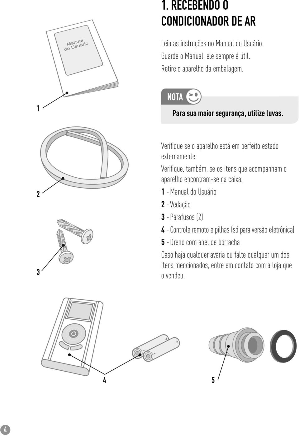 Verifi que, também, se os itens que acompanham o aparelho encontram-se na caixa.