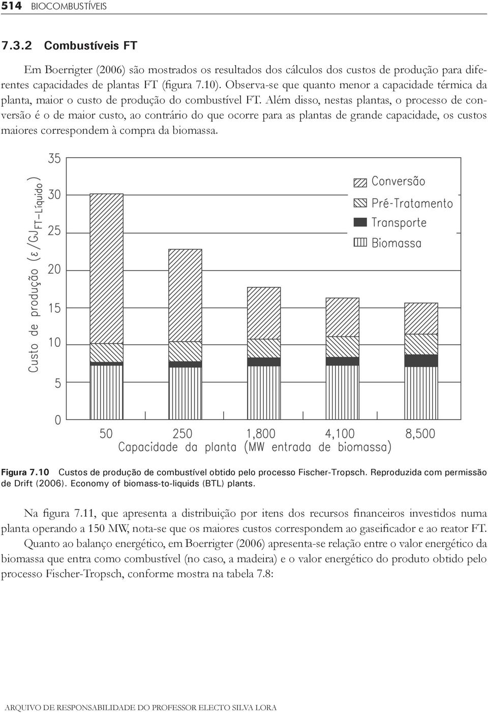 Além disso, nestas plantas, o processo de conversão é o de maior custo, ao contrário do que ocorre para as plantas de grande capacidade, os custos maiores correspondem à compra da biomassa. Figura 7.