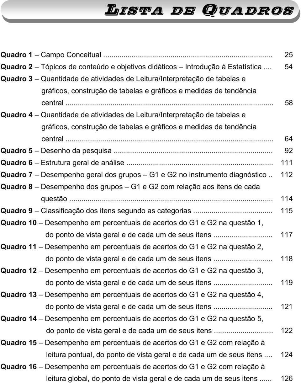 .. 58 Quadro 4 Quantidade de atividades de Leitura/Interpretação de tabelas e gráficos, construção de tabelas e gráficos e medidas de tendência central... 64 Quadro 5 Desenho da pesquisa.