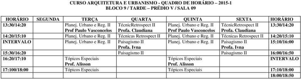 Urbano e Reg. II Paisagismo II Planej. Urbano e Reg. II Paisagismo II 15:10/16:00 Profa. Ivna Profa.