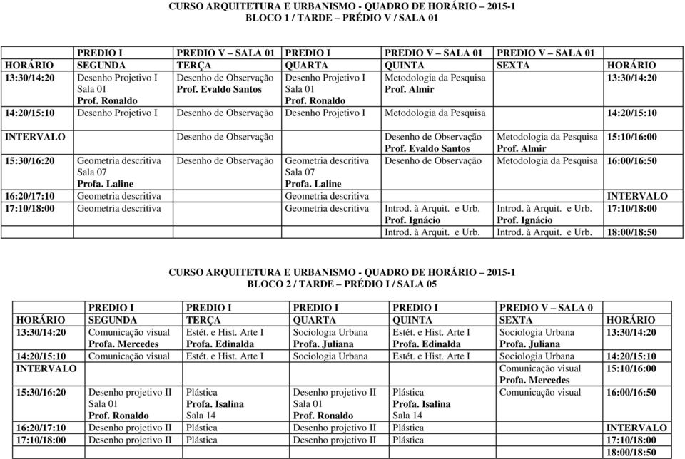 Almir 14:20/15:10 Desenho Projetivo I Desenho de Observação Desenho Projetivo I Metodologia da Pesquisa 14:20/15:10 Desenho de Observação Desenho de Observação Metodologia da Pesquisa 15:10/16:00