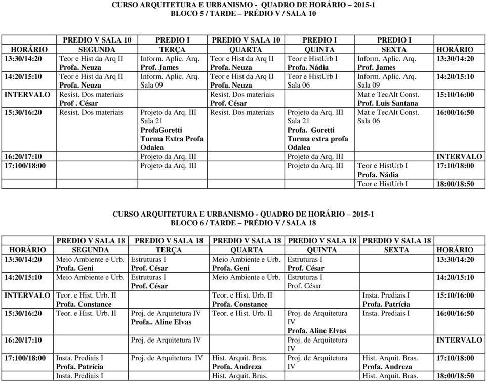 Dos materiais Resist. Dos materiais Mat e TecAlt Const. 15:10/16:00 Prof. César Prof. Luis Santana 15:30/16:20 Resist. Dos materiais Projeto da Arq. III Resist. Dos materiais Projeto da Arq. III Mat e TecAlt Const.