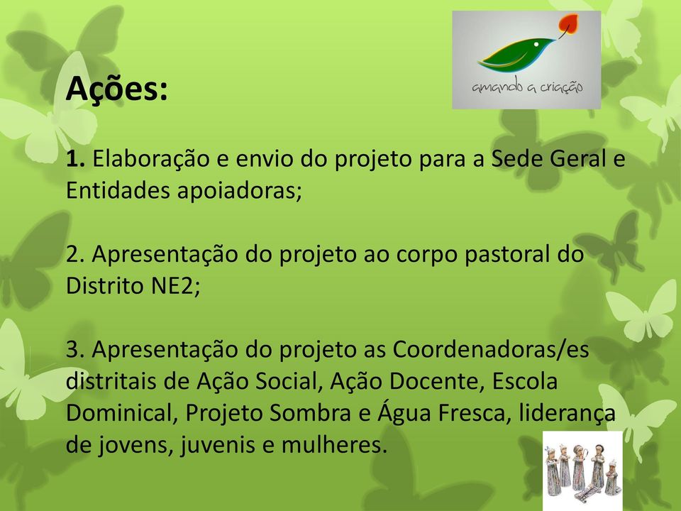 Apresentação do projeto ao corpo pastoral do Distrito NE2; 3.