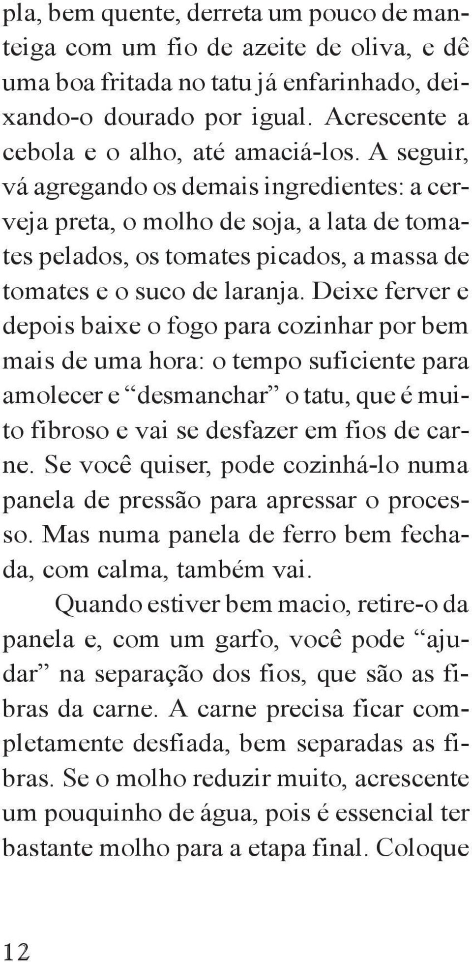 Deixe ferver e depois baixe o fogo para cozinhar por bem mais de uma hora: o tempo suficiente para amolecer e desmanchar o tatu, que é muito fibroso e vai se desfazer em fios de carne.