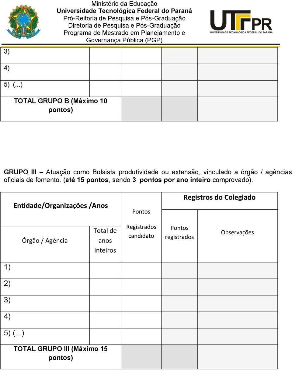 órgão / agências oficiais de fomento. (até 15 pontos, sendo 3 pontos por ano inteiro comprovado).