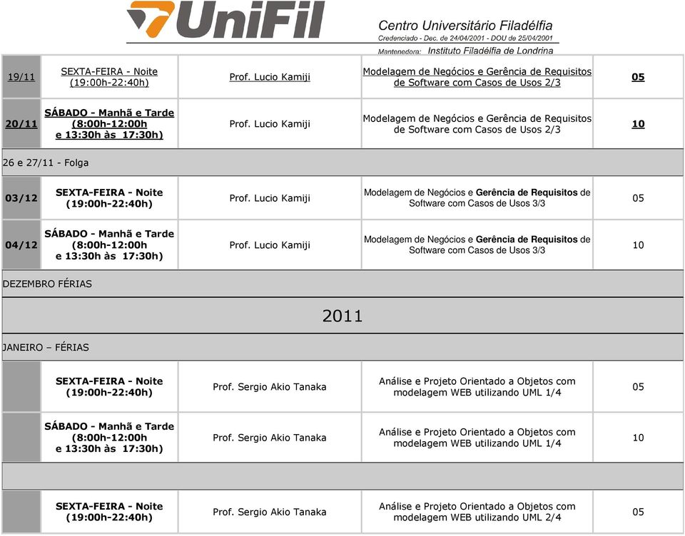 Software com Casos de Usos 3/3 DEZEMBRO FÉRIAS 2011 JANEIRO FÉRIAS modelagem