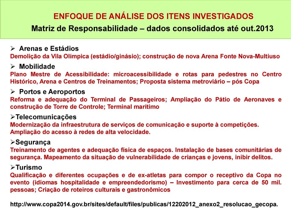 no Centro Histórico, Arena e Centros de Treinamentos; Proposta sistema metroviário pós Copa Portos e Aeroportos Reforma e adequação do Terminal de Passageiros; Ampliação do Pátio de Aeronaves e