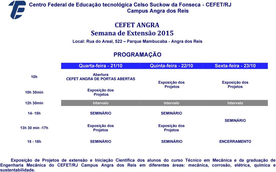 Intervalo Intervalo Intervalo 14-15h SEMINÁRIO SEMINÁRIO 13h 30 min -17h SEMINÁRIO 15-18h SEMINÁRIO SEMINÁRIO ENCERRAMENTO Exposição de de extensão e Iniciação Científica