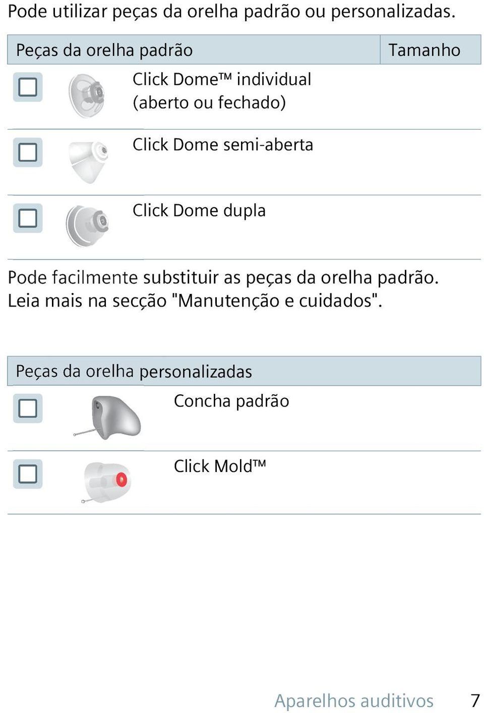 semi-aberta Click Dome dupla Pode facilmente substituir as peças da orelha padrão.