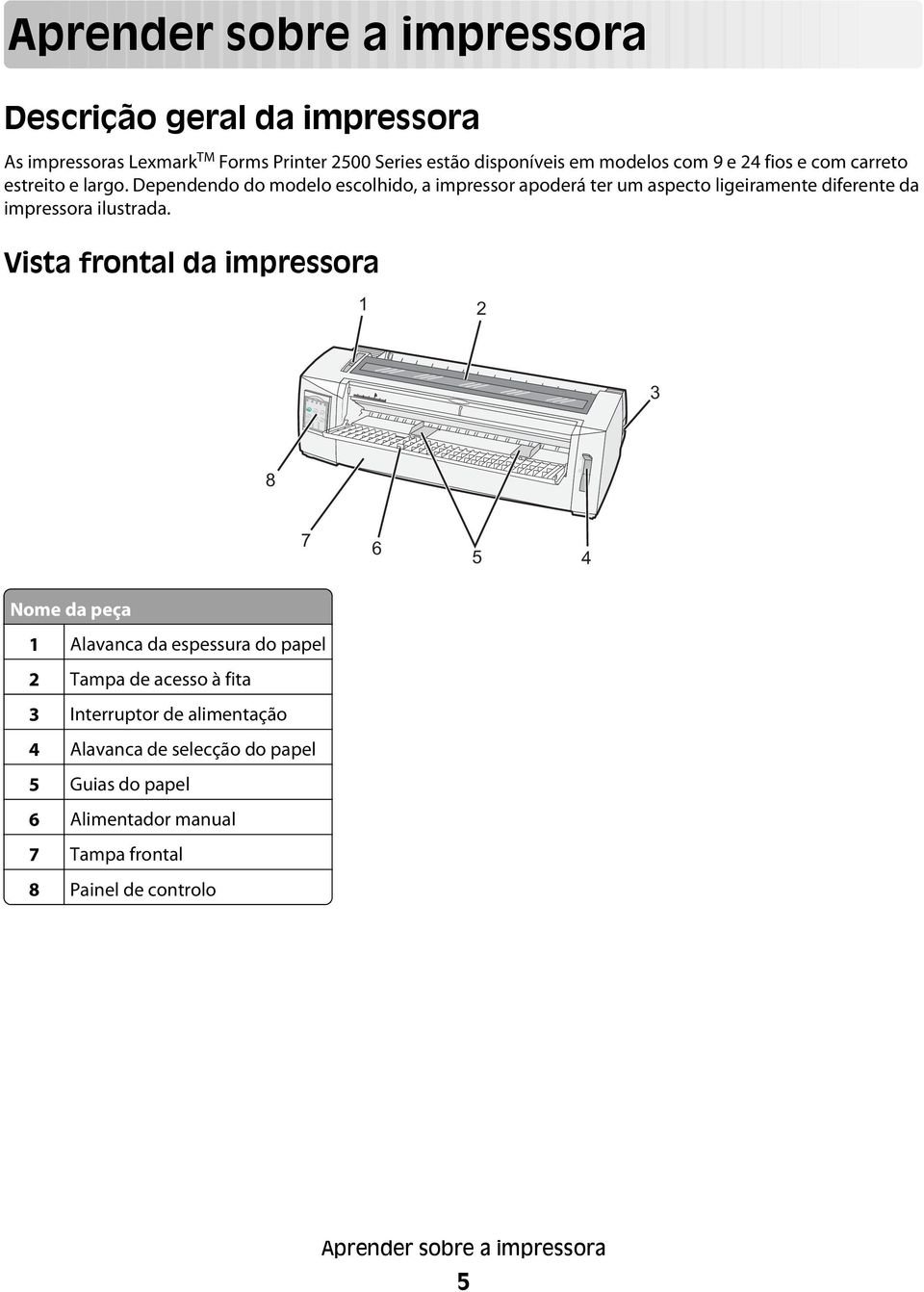 Dependendo do modelo escolhido, a impressor apoderá ter um aspecto ligeiramente diferente da impressora ilustrada.