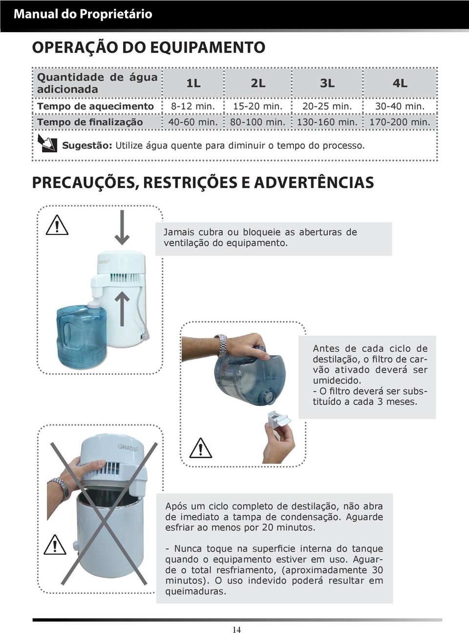 Antes de cada ciclo de destilação, o filtro de carvão ativado deverá ser umidecido. - O filtro deverá ser substituído a cada 3 meses.