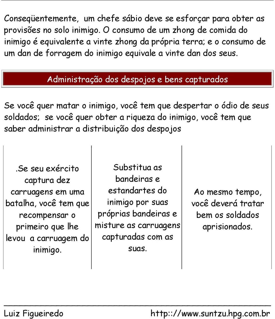 Administração dos despojos e bens capturados Se você quer matar o inimigo, você tem que despertar o ódio de seus soldados; se você quer obter a riqueza do inimigo, você tem que saber administrar a