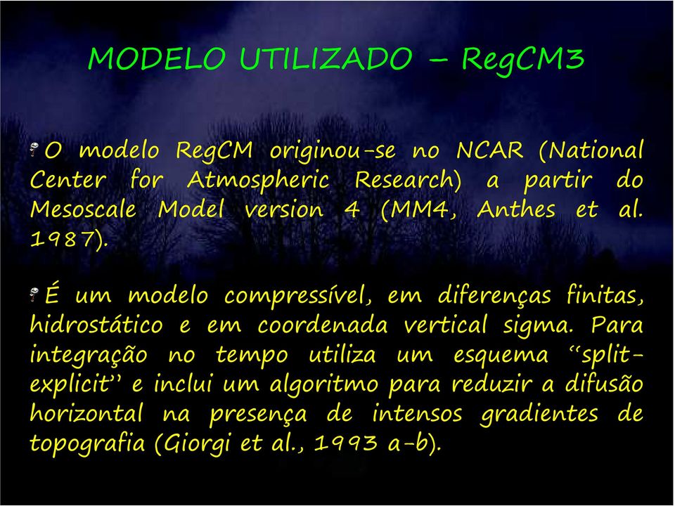 É um modelo compressível, em diferenças finitas, hidrostático e em coordenada vertical sigma.