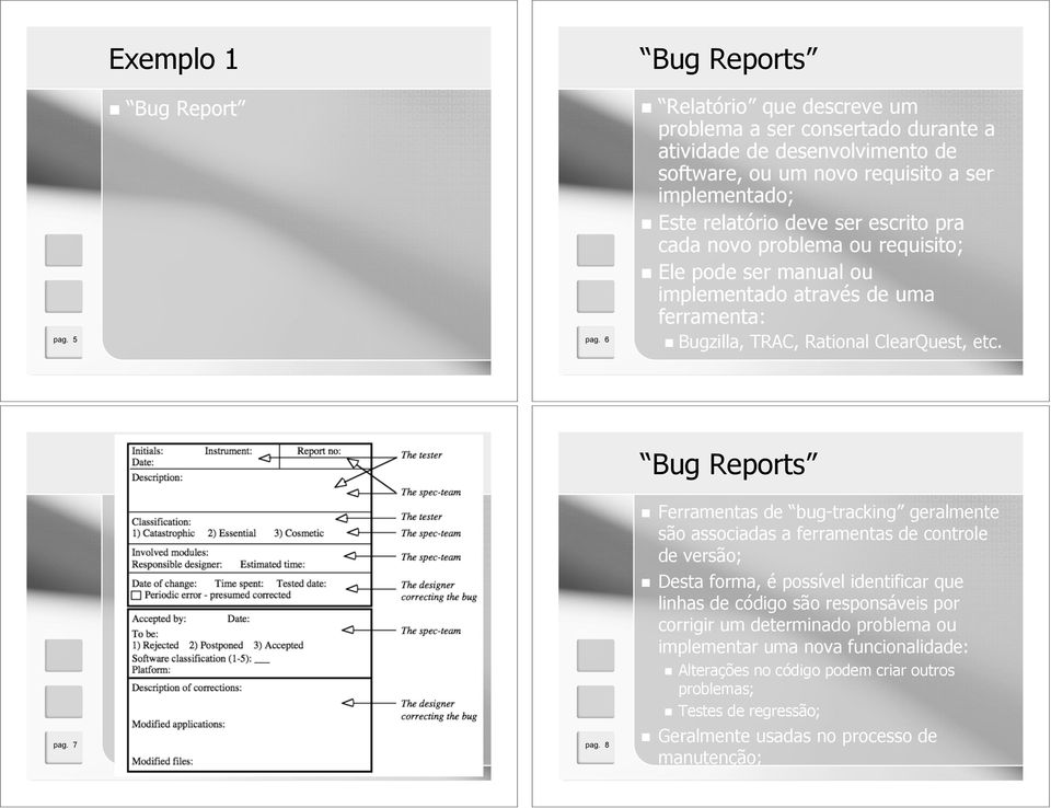 escrito pra cada novo problema ou requisito; Ele pode ser manual ou implementado através de uma ferramenta: Bug Report pag. 6 Bugzilla, TRAC, Rational ClearQuest, etc.