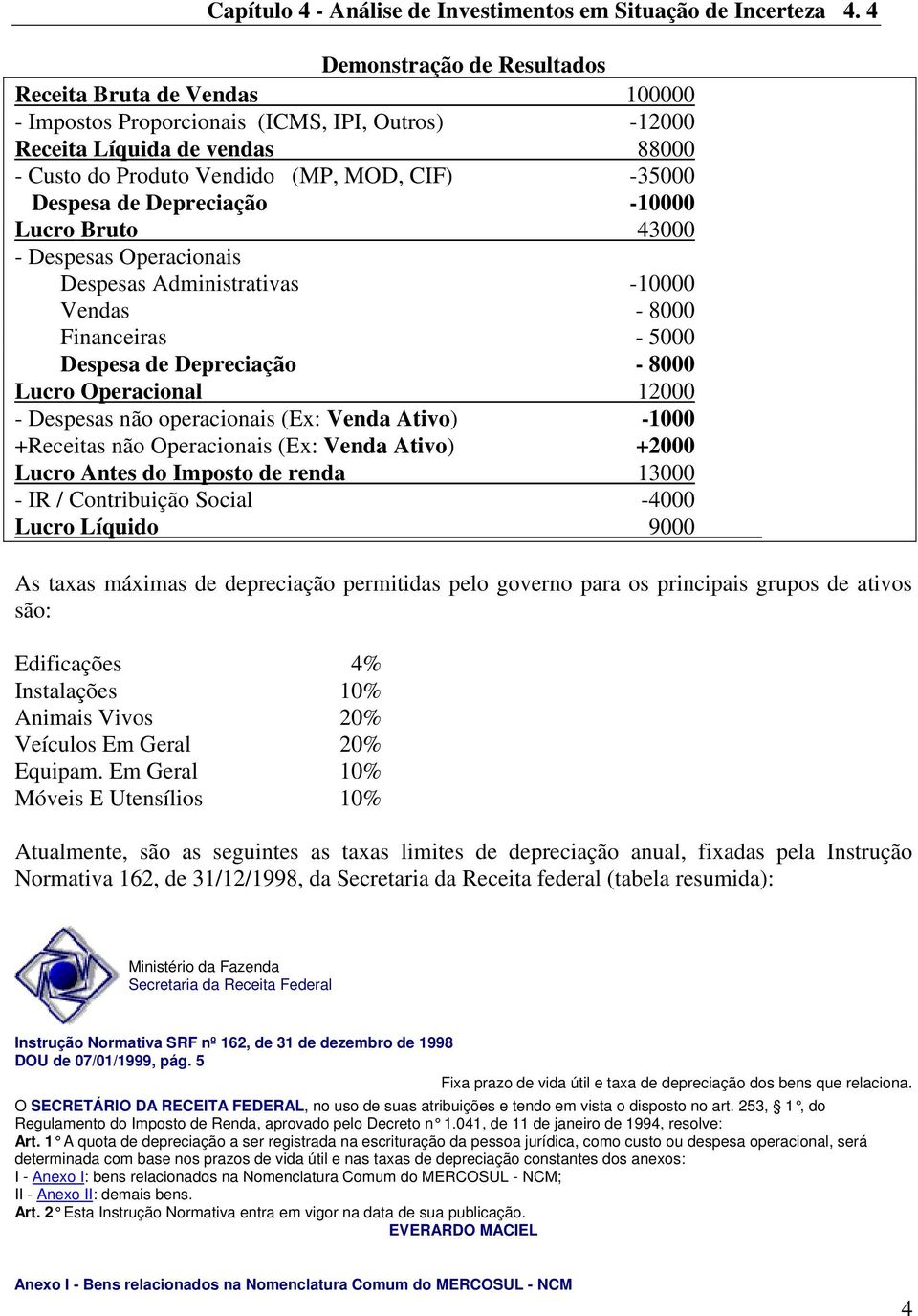 Despesa de Depreciação -10000 Lucro Bruto 43000 - Despesas Operacionais Despesas Administrativas -10000 Vendas - 8000 Financeiras - 5000 Despesa de Depreciação - 8000 Lucro Operacional 12000 -