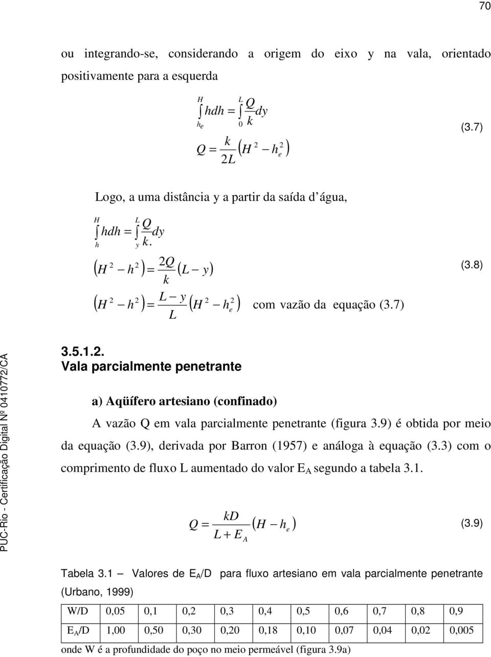 9) é obtida por meio da equação (3.9), derivada por Barron (1957) e análoga à equação (3.3) com o comprimento de fluxo L aumentado do valor E A segundo a tabela 3.1. kd L + E A ( H h ) = (3.