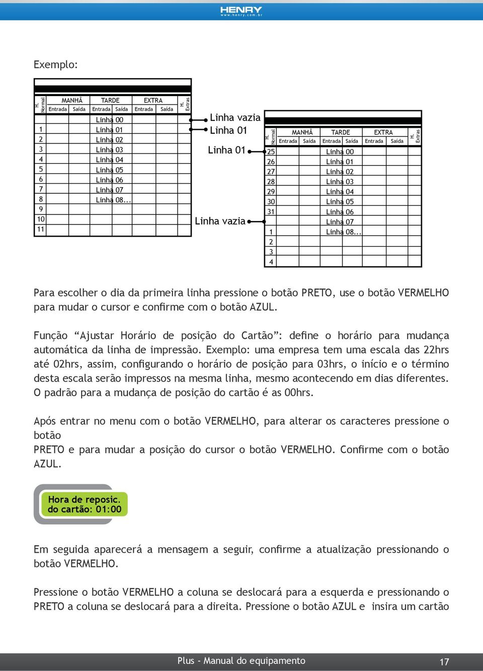 Extras Para escolher o dia da primeira linha pressione o botão PRETO, use o botão VERMELHO para mudar o cursor e confirme com o botão AZUL.