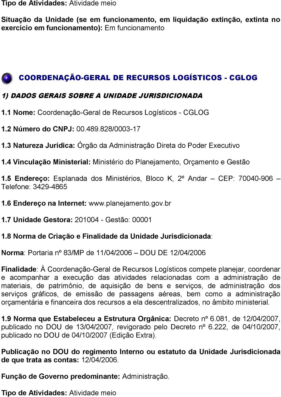 3 Natureza Jurídica: Órgão da Administração Direta do Poder Executivo 1.4 Vinculação Ministerial: Ministério do Planejamento, Orçamento e Gestão 1.