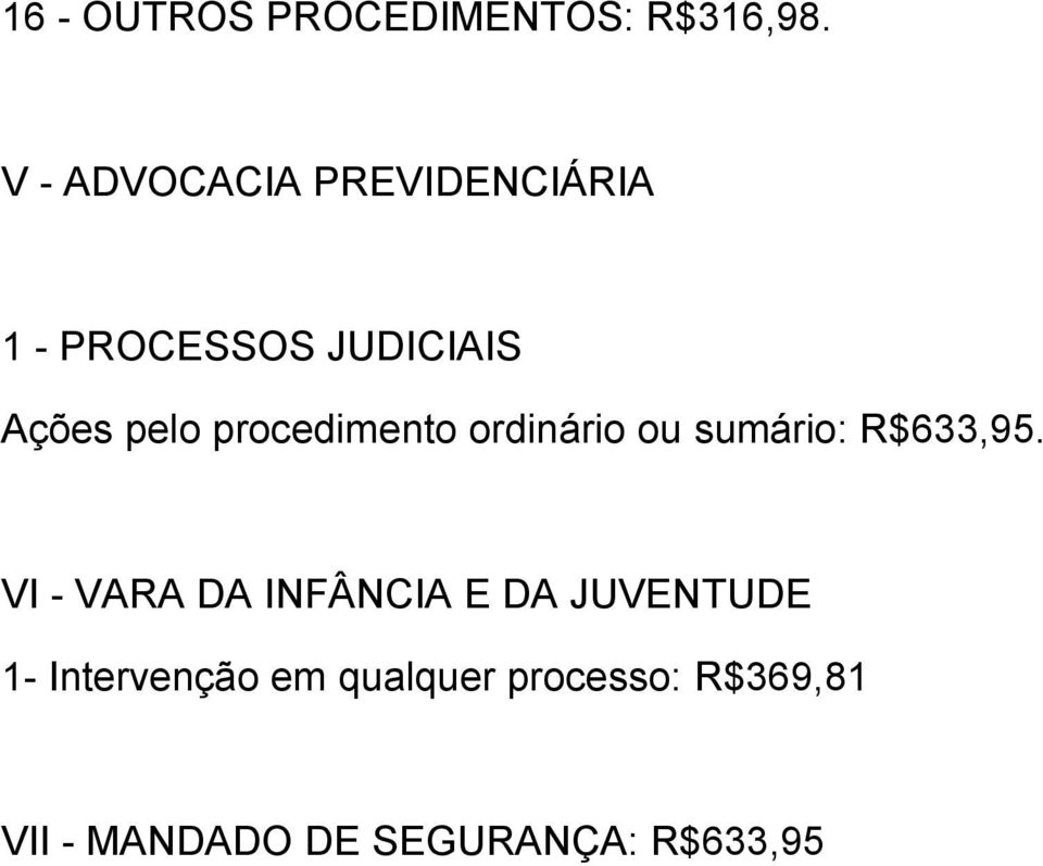 procedimento ordinário ou sumário: R$633,95.