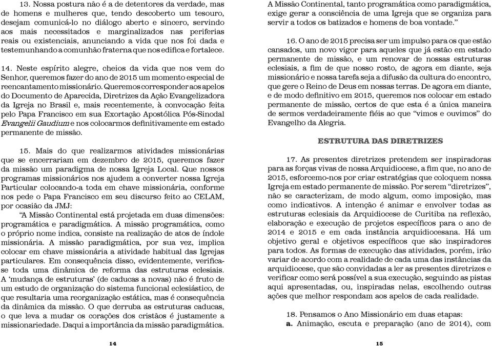 Neste espírito alegre, cheios da vida que nos vem do Senhor, queremos fazer do ano de 2015 um momento especial de reencantamento missionário.