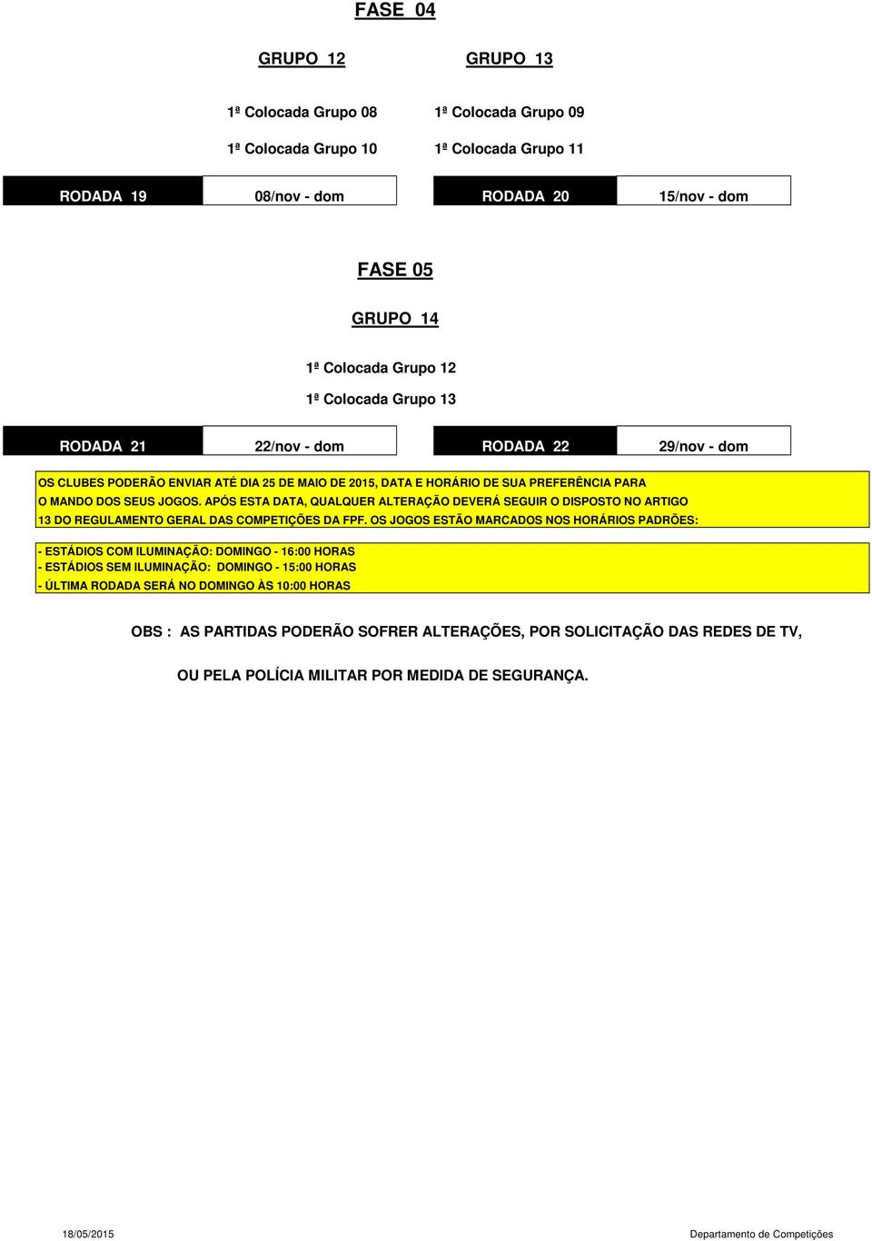 APÓS ESTA DATA, QUALQUER ALTERAÇÃO DEVERÁ SEGUIR O DISPOSTO NO ARTIGO 13 DO REGULAMENTO GERAL DAS COMPETIÇÕES DA FPF.