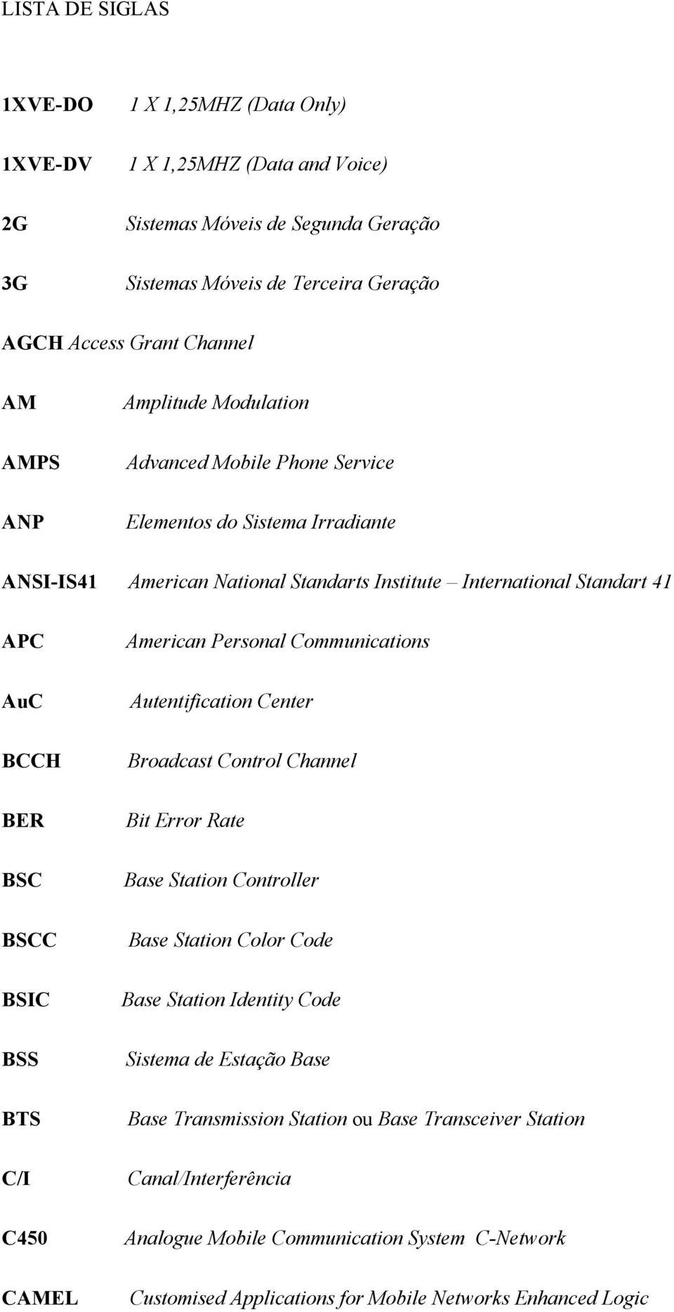 Communications AuC Autentification Center BCCH Broadcast Control Channel BER Bit Error Rate BSC Base Station Controller BSCC Base Station Color Code BSIC Base Station Identity Code BSS Sistema de