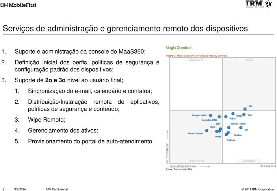 Suporte de 2o e 3o nível ao usuário final; 1. Sincronização do e-mail, calendário e contatos; 2.